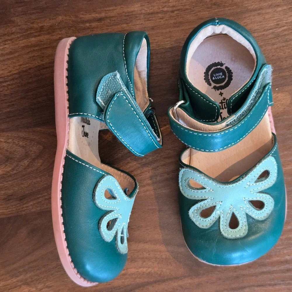 Livie & Luca Matilda Jane Girls Teal Green Leather Butterfly Mary Jane Shoes 9c